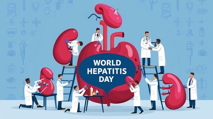 World Hepatitis Day. Illustration of medical professionals working around a large liver. Various medical instruments and symbols are depicted around the liver.