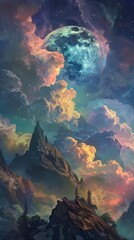 Surreal landscape with mountain peaks and colorful sky, fantasy concept
