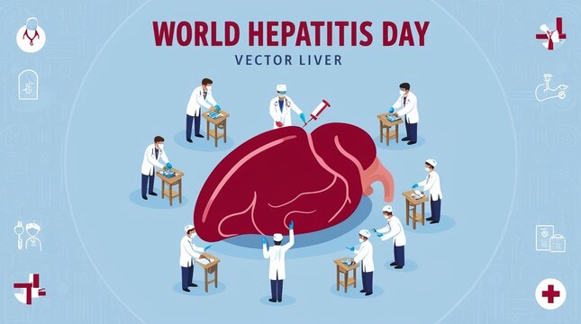 World Hepatitis Day. Illustration of medical professionals working around a large liver. Various medical instruments and symbols are depicted around the liver. - Powered by Adobe