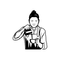 female barista pouring drinks from a black and white cup container vector illustration