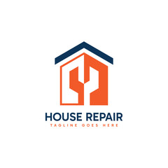House repair services logo design. Minimalist house combined with wrench logo concept.