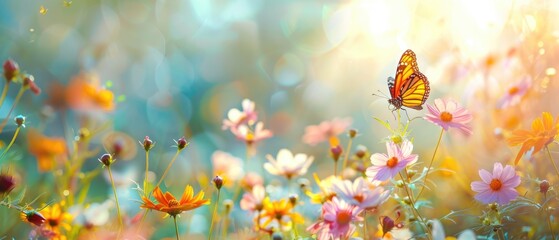 Field of colorful cosmos flower and butterfly in a meadow in nature in the rays of sunlight in summer in the spring close-up of a macro. A colorful artistic image with a soft focus, beautiful bokeh