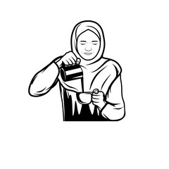 female barista hijab-wearing woman pouring drink from black and white cup container vector illustration