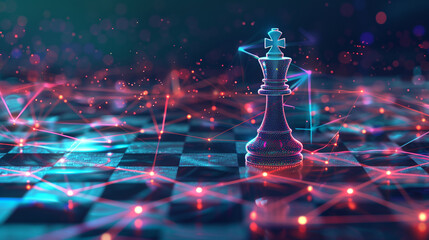 デジタルの光のチェス盤とチェスの駒「AI生成画像」