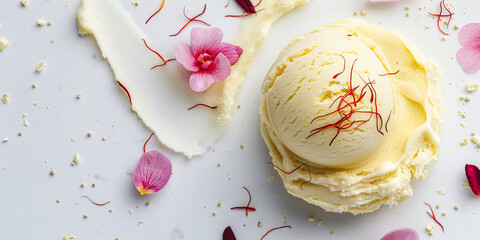 Elegant saffron and rose ice cream, an image of elegant saffron and rose ice cream, its rich color and floral notes set against a white backdrop, perfect for showcasing sophisticated