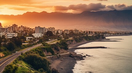 Fototapeta premium a beach scene at sunset, with the sun casting a warm glow over the entire scene. with gentle waves on the shore, and rugged cliffs bordering the shore