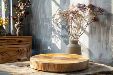 Wooden podium on table in living room interior with space - generative ai