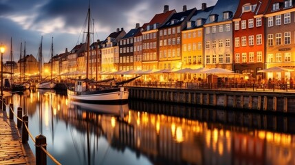 beautiful view at the water's edge at dusk with reflections in the water. There are several boats docked along the side, and rows of traditional buildings