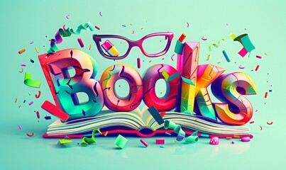 3D text "Books" made of open books, glasses, and bookmarks, on a light green background.World Book Dae. National lovers books. school education and library concept, Book swap.