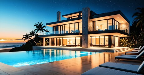 Fototapeta premium mansion house on tropical beach at night. modern home exterior beachfront property on seashore next to ocean sea water.