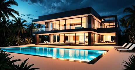 Fototapeta premium mansion house on tropical beach at night. modern home exterior beachfront property on seashore next to ocean sea water.
