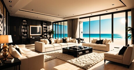 modern living room interior in beachfront mansion house estate on the beach ocean. seaside coastal home estate luxury housing.