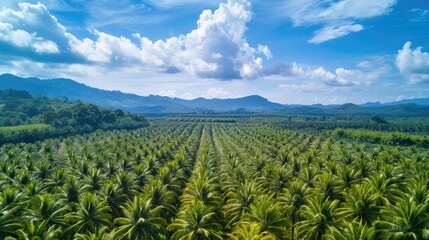 Aerial Perspective of Palm Plantation with Stunning Blue Sky in the Background