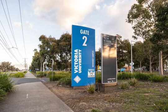 Sign of Victoria University and Wydham Tech School in Werribee, Australia.