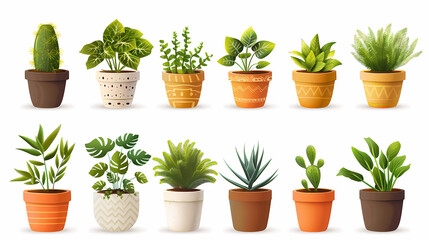 Obraz premium Set of different plants in pots isolated on white background illustration