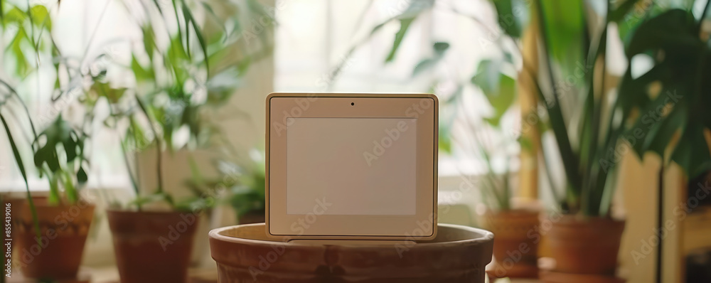 Poster digital photo frame displaying family memories in modern minimalistic home setting surrounded by vib