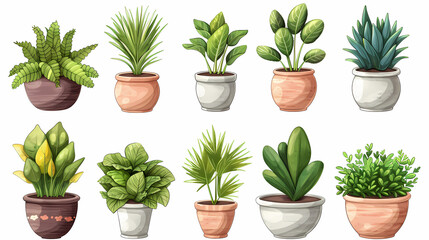 Fototapeta premium Set of different plants in pots isolated on white background illustration