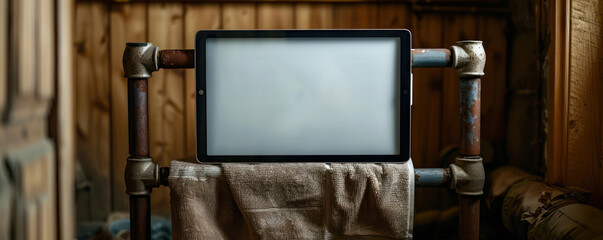 Vintage Setting with a Modern Twist An Antique Pipe Stand Holding a Contemporary Tablet in a Rustic Wooden Room Blending Old and New with a Unique Display Setup