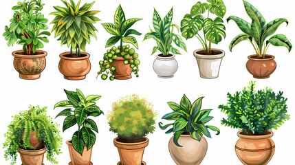 Fototapeta premium Set of different plants in pots isolated on white background illustration