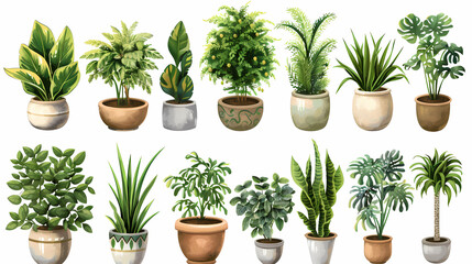 Set of different plants in pots isolated on white background illustration