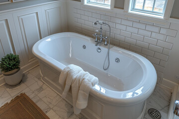 Fototapeta premium Top view of a bathtub in a white panel bathroom