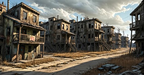 Fototapeta premium abandoned post apocalyptic urban city town house ruins. empty aged old building exterior derelict. decayed skyscraper apartment buildings.