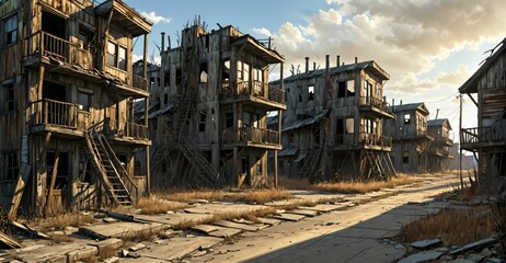 Fototapeta premium abandoned post apocalyptic urban city town house ruins. empty aged old building exterior derelict. decayed skyscraper apartment buildings.