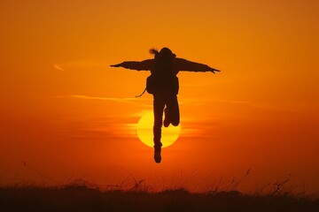Freedom jump. silhouette of jumping person, sunrise in background, minimalistic style, golden hour light, orange and black colors