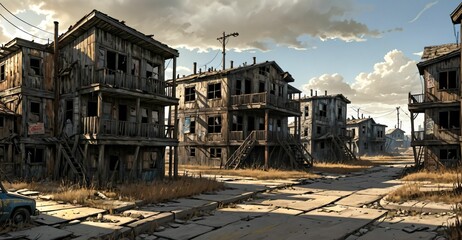 abandoned post apocalyptic urban city town house ruins. empty aged old building exterior derelict. decayed skyscraper apartment buildings.