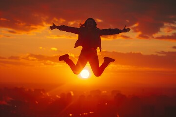 Freedom jump. silhouette of jumping person, sunrise in background, minimalistic style, golden hour light, orange and black colors