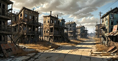 Fototapeta premium abandoned post apocalyptic urban city town house ruins. empty aged old building exterior derelict. decayed skyscraper apartment buildings.