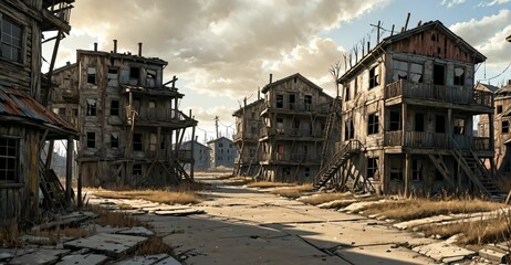 abandoned post apocalyptic urban city town house ruins. empty aged old building exterior derelict. decayed skyscraper apartment buildings wasteland desert.