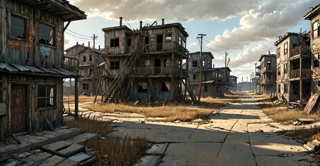 Fototapeta premium abandoned post apocalyptic urban city town house ruins. empty aged old building exterior derelict. decayed skyscraper apartment buildings wasteland desert.