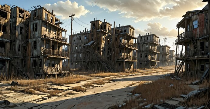 abandoned post apocalyptic urban city town house ruins. empty aged old building exterior derelict. decayed skyscraper apartment buildings.