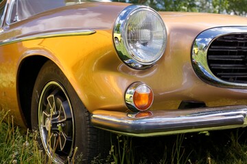 Front of a Volvo's classic 1800S sports coupe, a genuine icon of the sixties