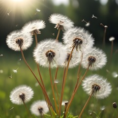 Obraz premium Close-up view of a mature dandelion flower heads dispersing their feathery seeds in the wind