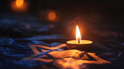 solitary burning candle illuminating the flag of israel on dark background symbolic photo