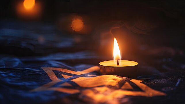 solitary burning candle illuminating the flag of israel on dark background symbolic photo