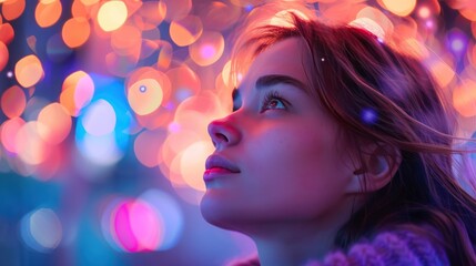 Contemplative Woman Amid Vibrant Lights