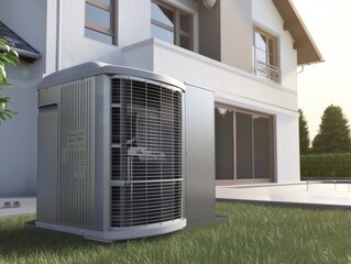 Fototapeta premium Air source heat pump installed in residential building. Sustainable and clean energy at home. - ai