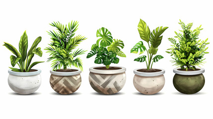 Fototapeta premium Set of different plants in pots isolated on white background illustration