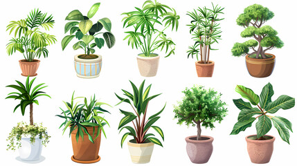 Obraz premium Set of different plants in pots isolated on white background illustration