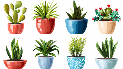 Fototapeta premium Set of different plants in pots isolated on white background illustration