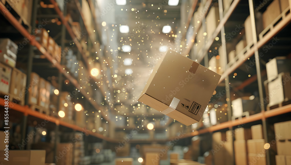 Poster a cardboard box levitates in a warehouse aisle, surrounded by glowing particles, representing effici