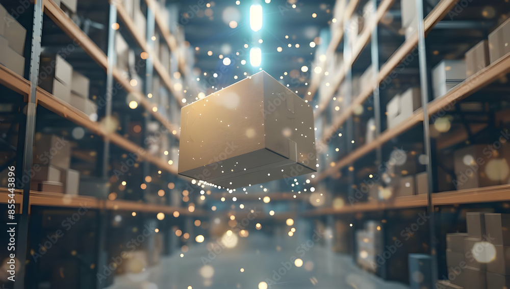 Poster a cardboard box levitates in a warehouse aisle, surrounded by glowing particles, representing effici