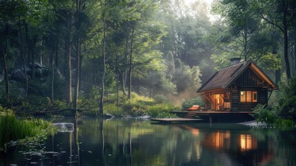 Fototapeta premium A Cabin and Relaxing Shelter by the Lake in the Woods