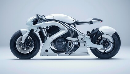 Picture-perfect innovation: a hyper motorcycle prototype glides effortlessly against a pure white background, embodying the essence of futuristic design.