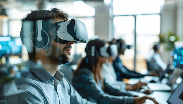 A group of professionals wearing VR headsets, immersed in a virtual experience during a training session