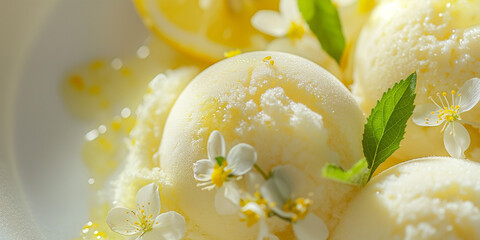 Refreshing lemon and elderflower sorbet, a closeup of refreshing lemon and elderflower sorbet, its light color and subtle floral notes set against a clean background