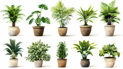 Set of different plants in pots isolated on white background illustration